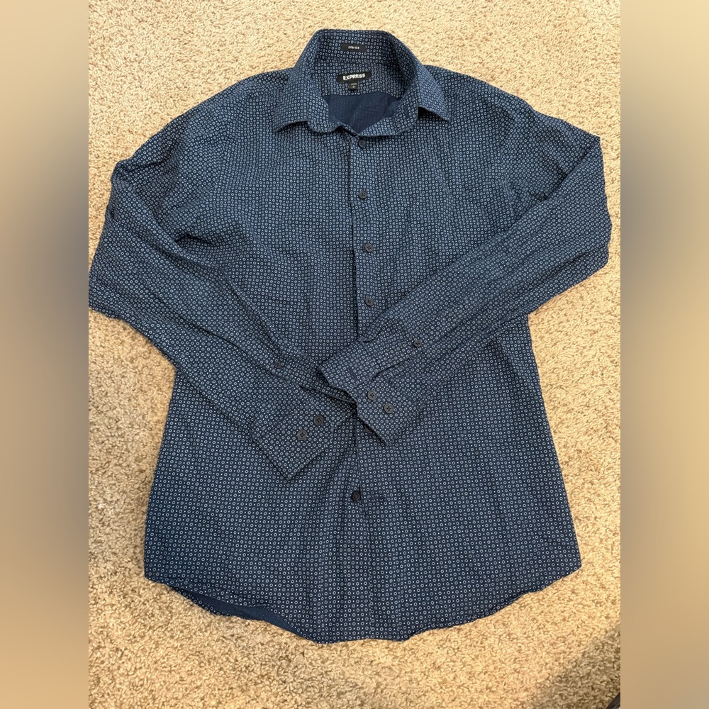 {EXPRESS} Navy Blue Polka Dot Button Down Polo